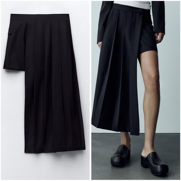 Zara Dresses & Skirts - ASYMMETRICAL PLEATED SKIRT DARK NAVY NEW